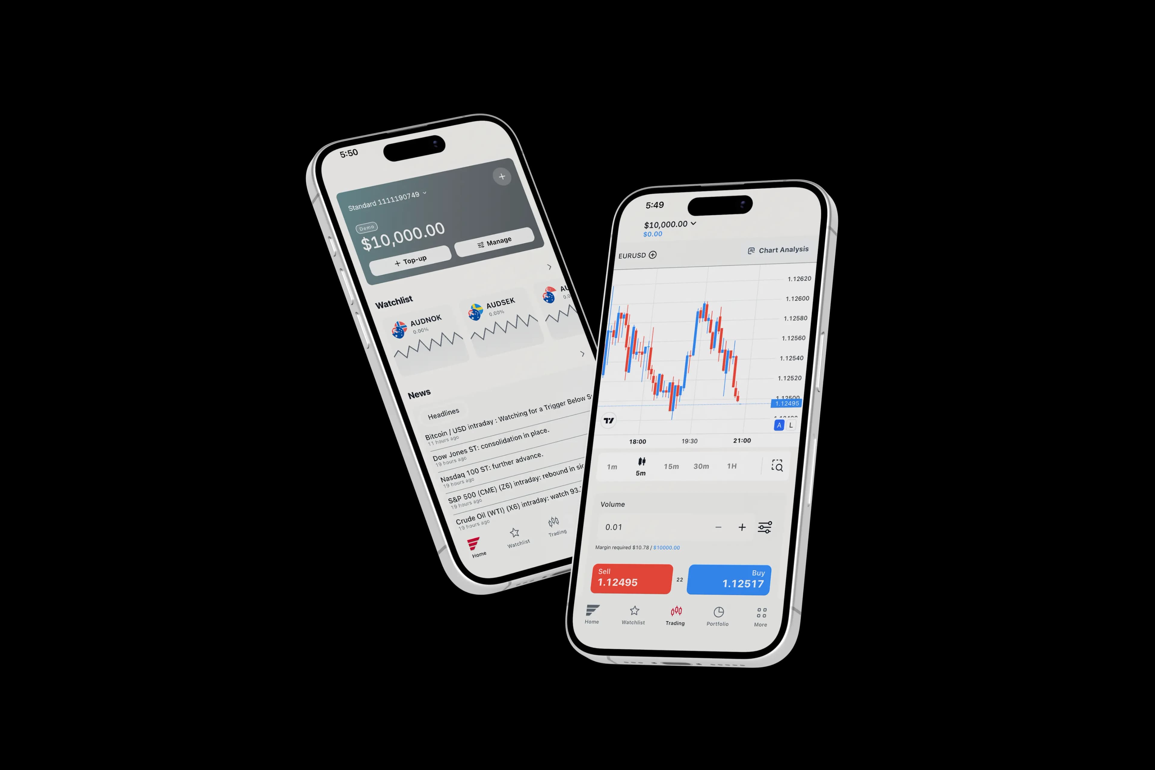StraitX mobile app showing wallet, watchlist, and live chart execution screens
